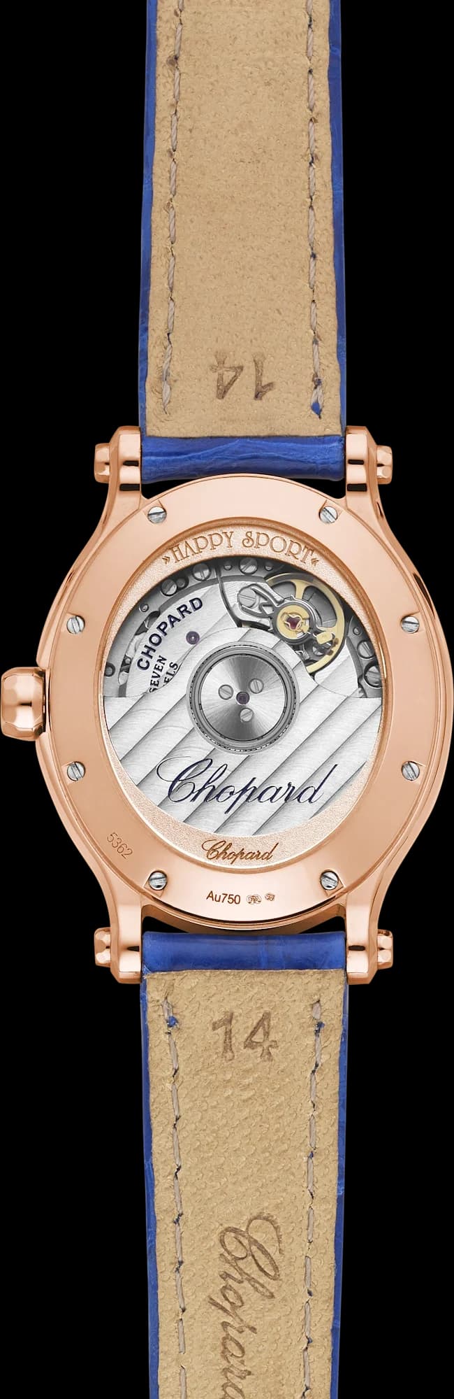 Chopard Happy Sport 29 x 31 mm – Pembe Altın, Gümüş Kadran, Mavi Timsah Derisi Kayış 2