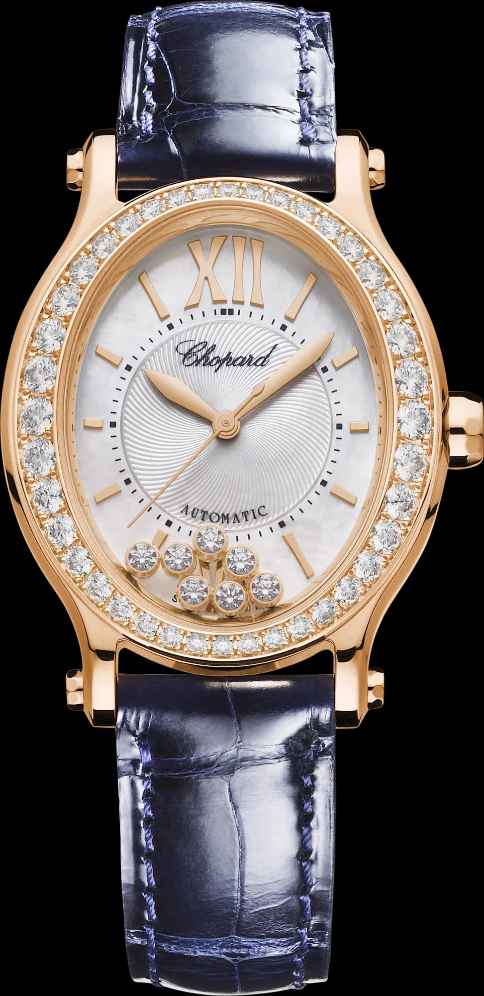 Chopard Happy Sport 29 x 31 mm – Pembe Altın, Gümüş Kadran, Mavi Timsah Derisi Kayış, Pırlanta Çerçeve 1