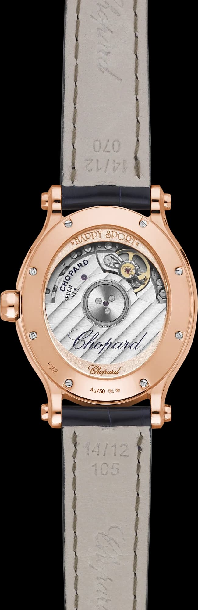 Chopard Happy Sport 29 x 31 mm – Pembe Altın, Gümüş Kadran, Mavi Timsah Derisi Kayış, Pırlanta Çerçeve 2