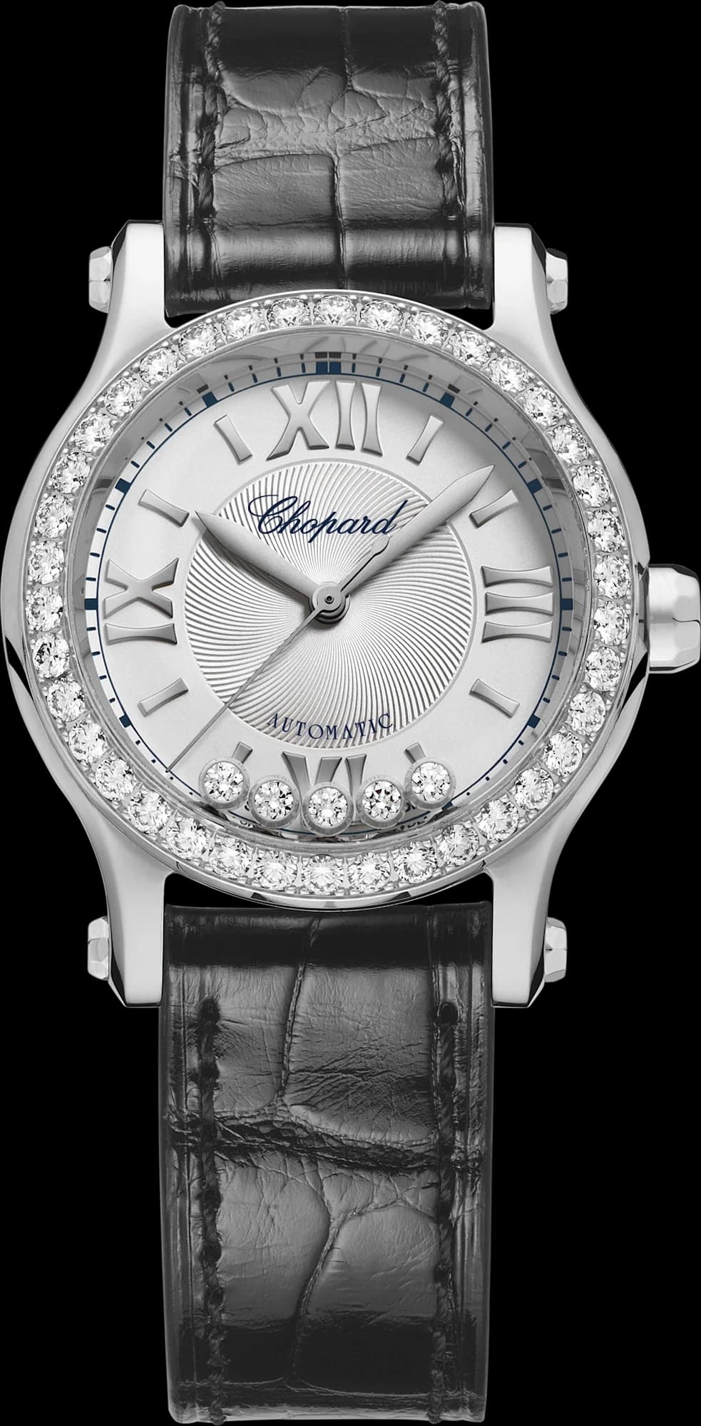 Chopard Happy Sport 30 mm – Çelik, Gümüş Kadran, Siyah Timsah Derisi Kayış, Pırlanta Çerçeve 1