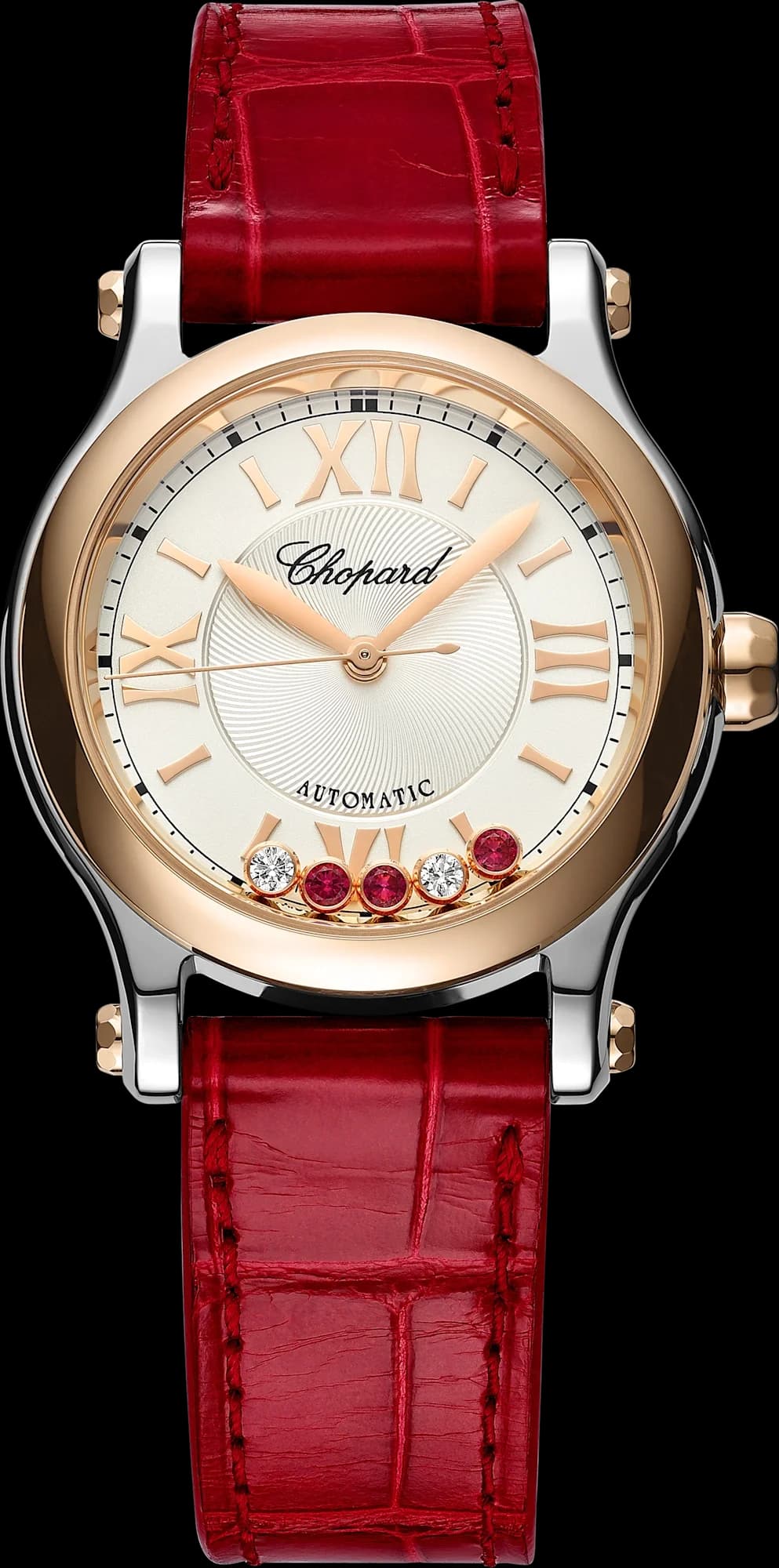 Chopard Happy Sport 30 mm – Çelik ve Pembe Altın, Gümüş Kadran, Kırmızı Timsah Derisi Kayış 1