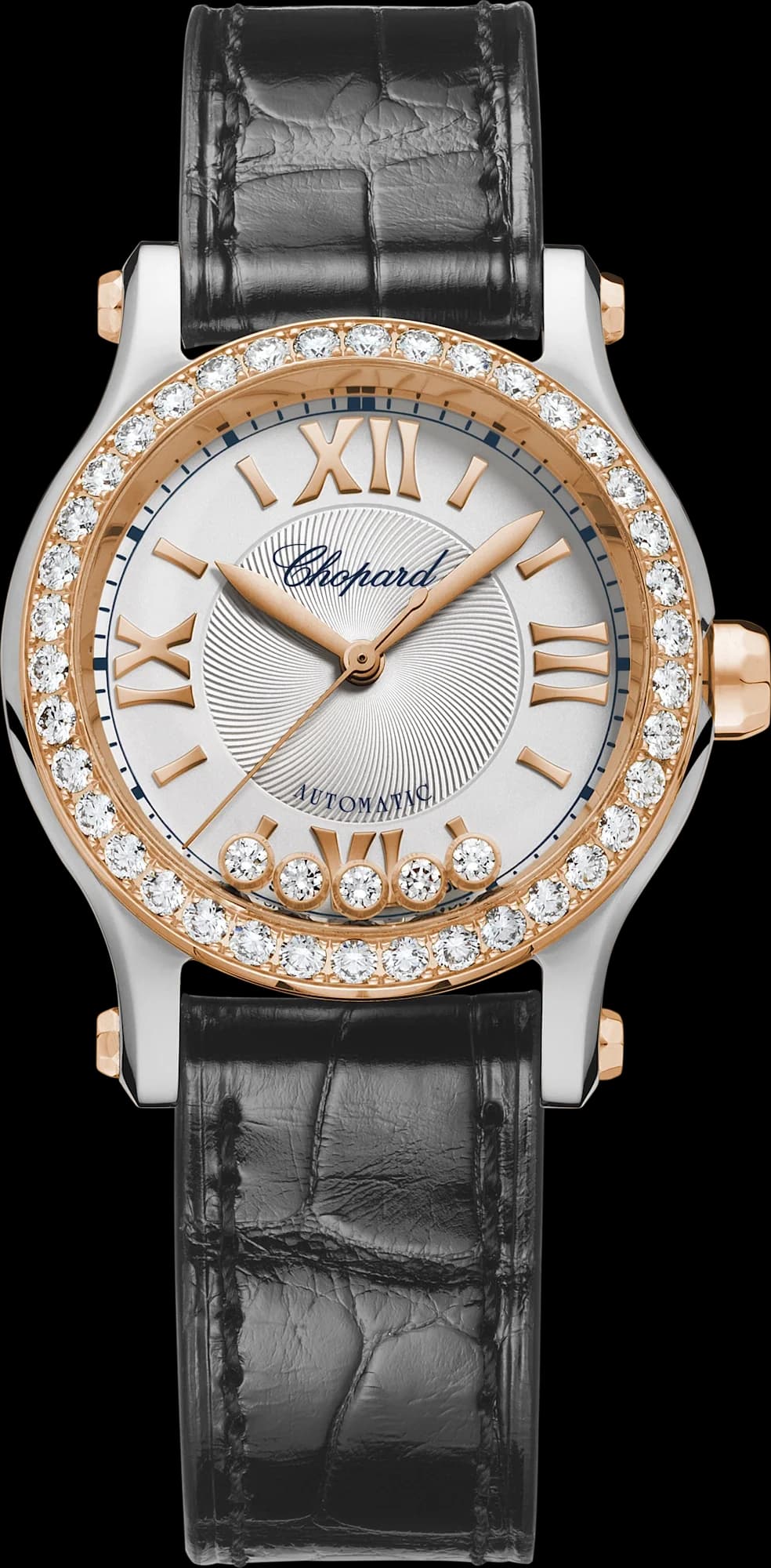 Chopard Happy Sport 30 mm – Çelik ve Pembe Altın, Gümüş Kadran, Siyah Timsah Derisi Kayış, Pırlanta Çerçeve 1