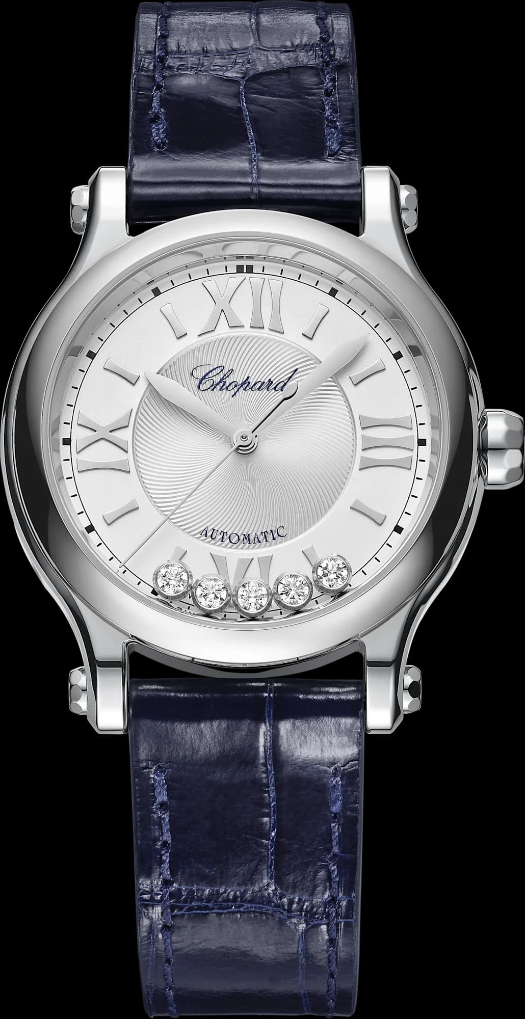 Chopard Happy Sport 33 mm – Çelik, Gümüş Kadran, Mavi Timsah Derisi Kayış 1