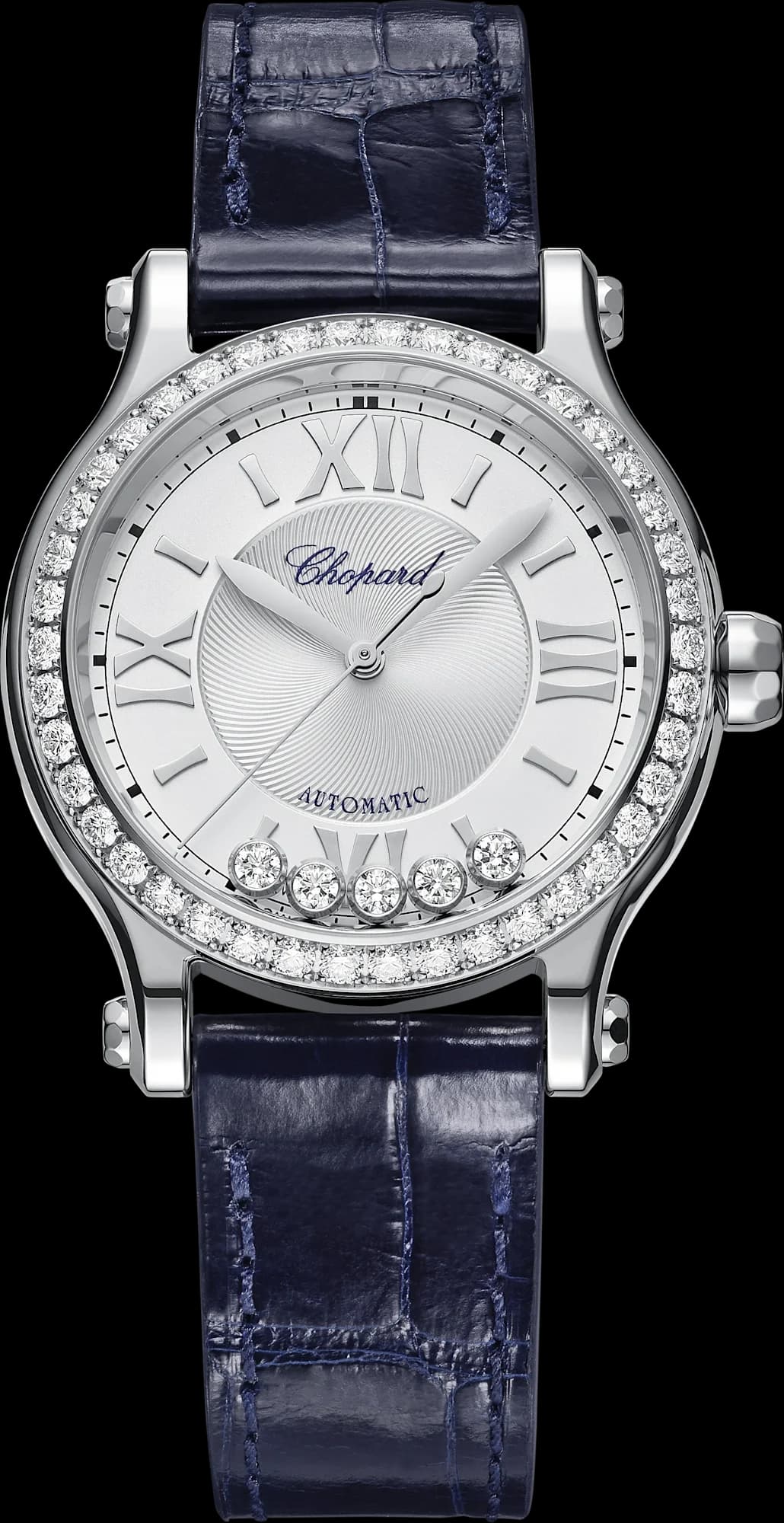 Chopard Happy Sport 33 mm – Çelik, Gümüş Kadran, Mavi Timsah Derisi Kayış, Pırlanta Çerçeve 1