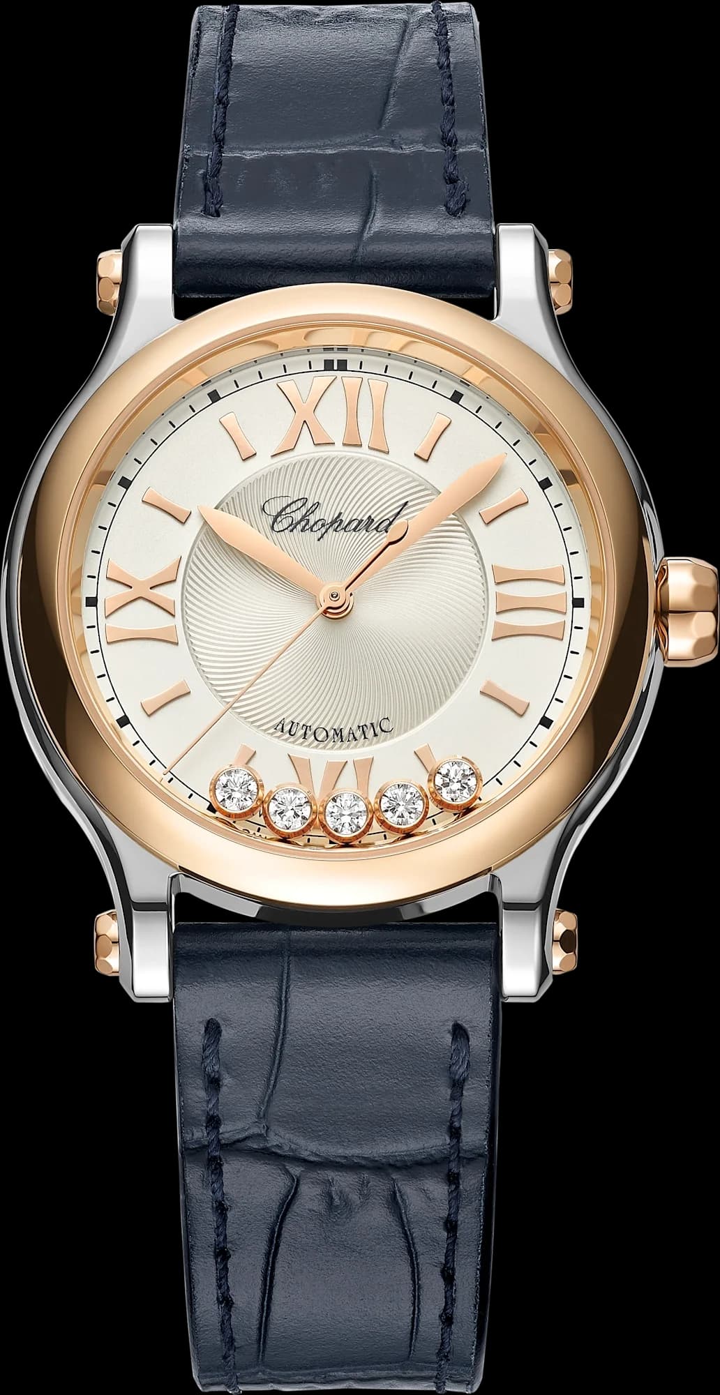 Chopard Happy Sport 33 mm – Çelik ve Pembe Altın, Gümüş Kadran, Mavi Timsah Derisi Kayış 1