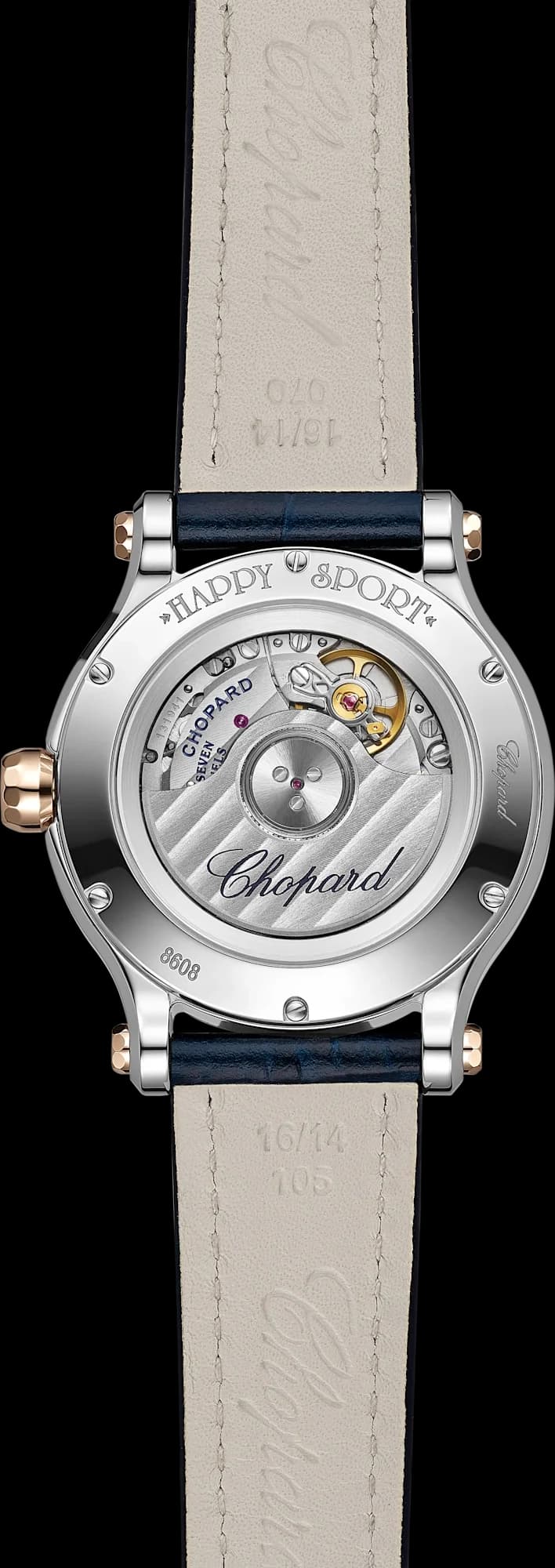 Chopard Happy Sport 33 mm – Çelik ve Pembe Altın, Gümüş Kadran, Mavi Timsah Derisi Kayış 2