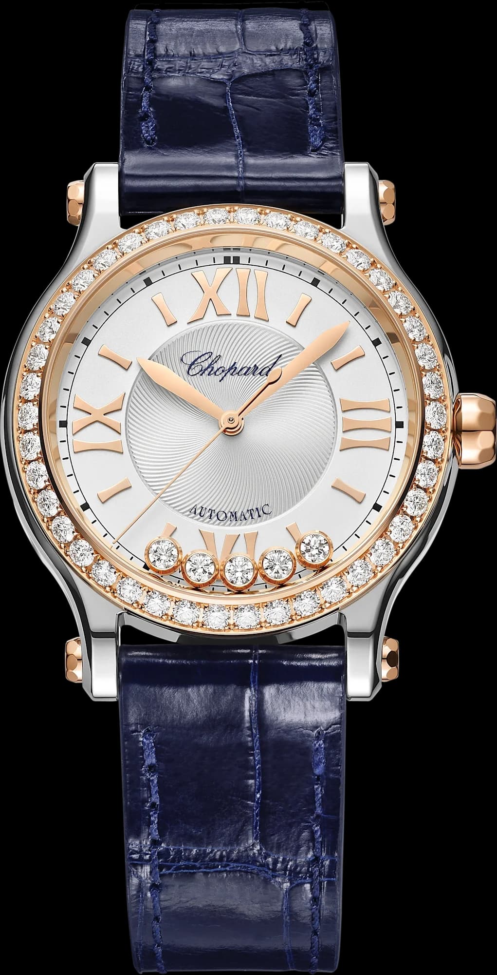 Chopard Happy Sport 33 mm – Çelik ve Pembe Altın, Gümüş Kadran, Mavi Timsah Derisi Kayış, Pırlanta Çerçeve 1