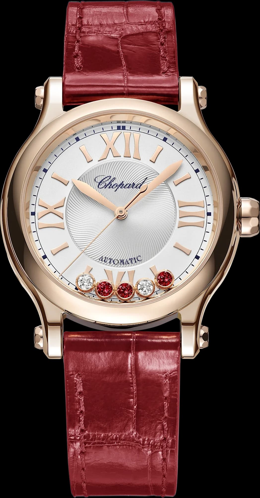 Chopard Happy Sport 33 mm – Pembe Altın, Gümüş Kadran, Kırmızı Timsah Derisi Kayış 1