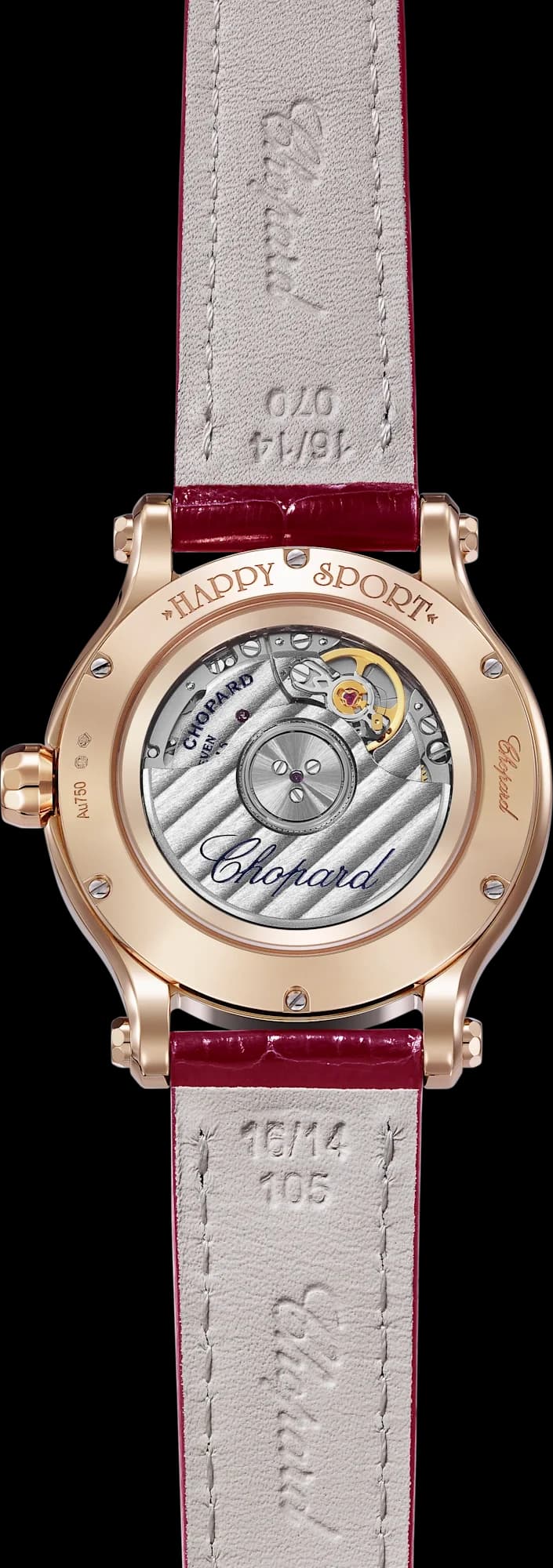 Chopard Happy Sport 33 mm – Pembe Altın, Gümüş Kadran, Kırmızı Timsah Derisi Kayış 2