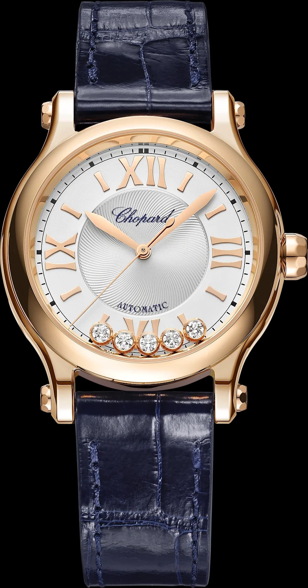 Chopard Happy Sport 33 mm – Pembe Altın, Gümüş Kadran, Mavi Timsah Derisi Kayış 1
