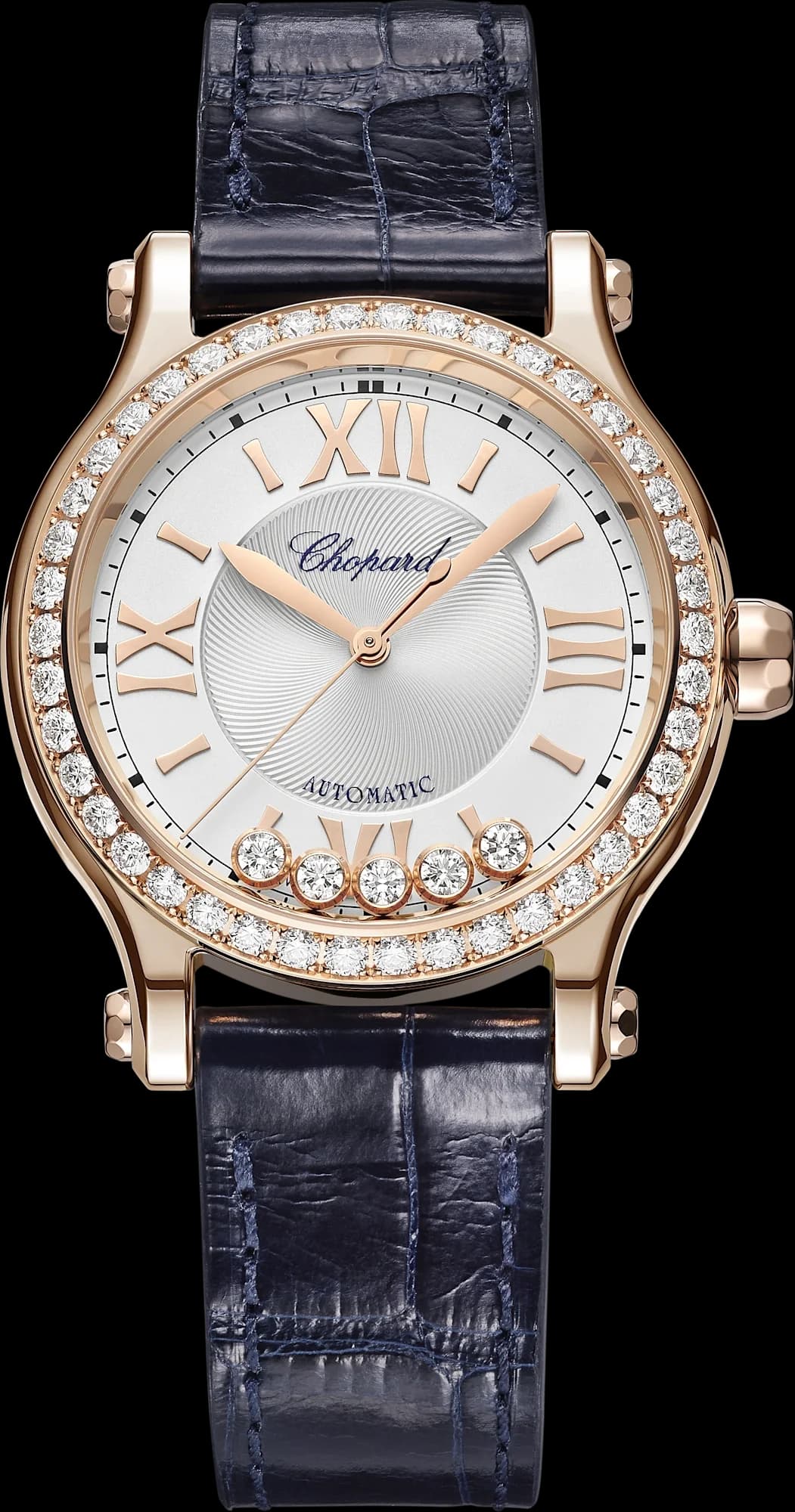 Chopard Happy Sport 33 mm – Pembe Altın, Gümüş Kadran, Mavi Timsah Derisi Kayış, Pırlanta Çerçeve 1
