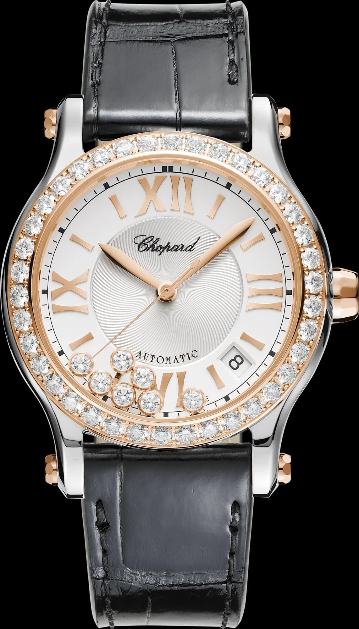 Chopard Happy Sport 36 mm – Çelik ve Pembe Altın, Gümüş Kadran, Siyah Timsah Derisi Kayış, Pırlanta Çerçeve 1