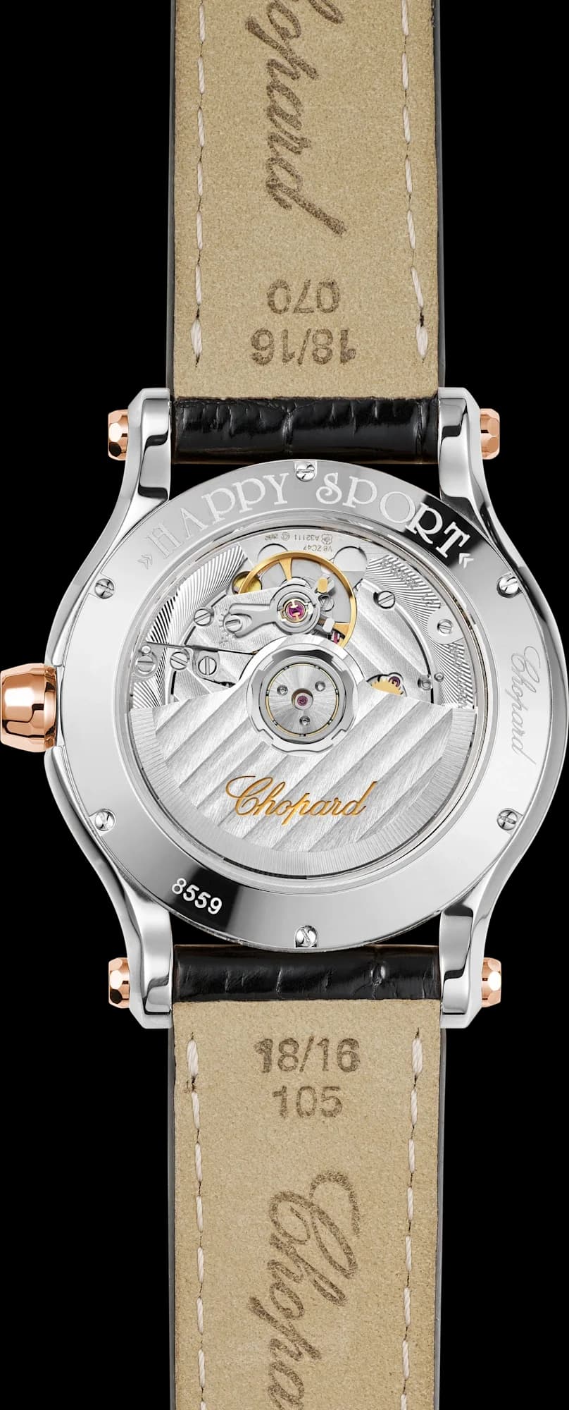Chopard Happy Sport 36 mm – Çelik ve Pembe Altın, Gümüş Kadran, Siyah Timsah Derisi Kayış, Pırlanta Çerçeve 2