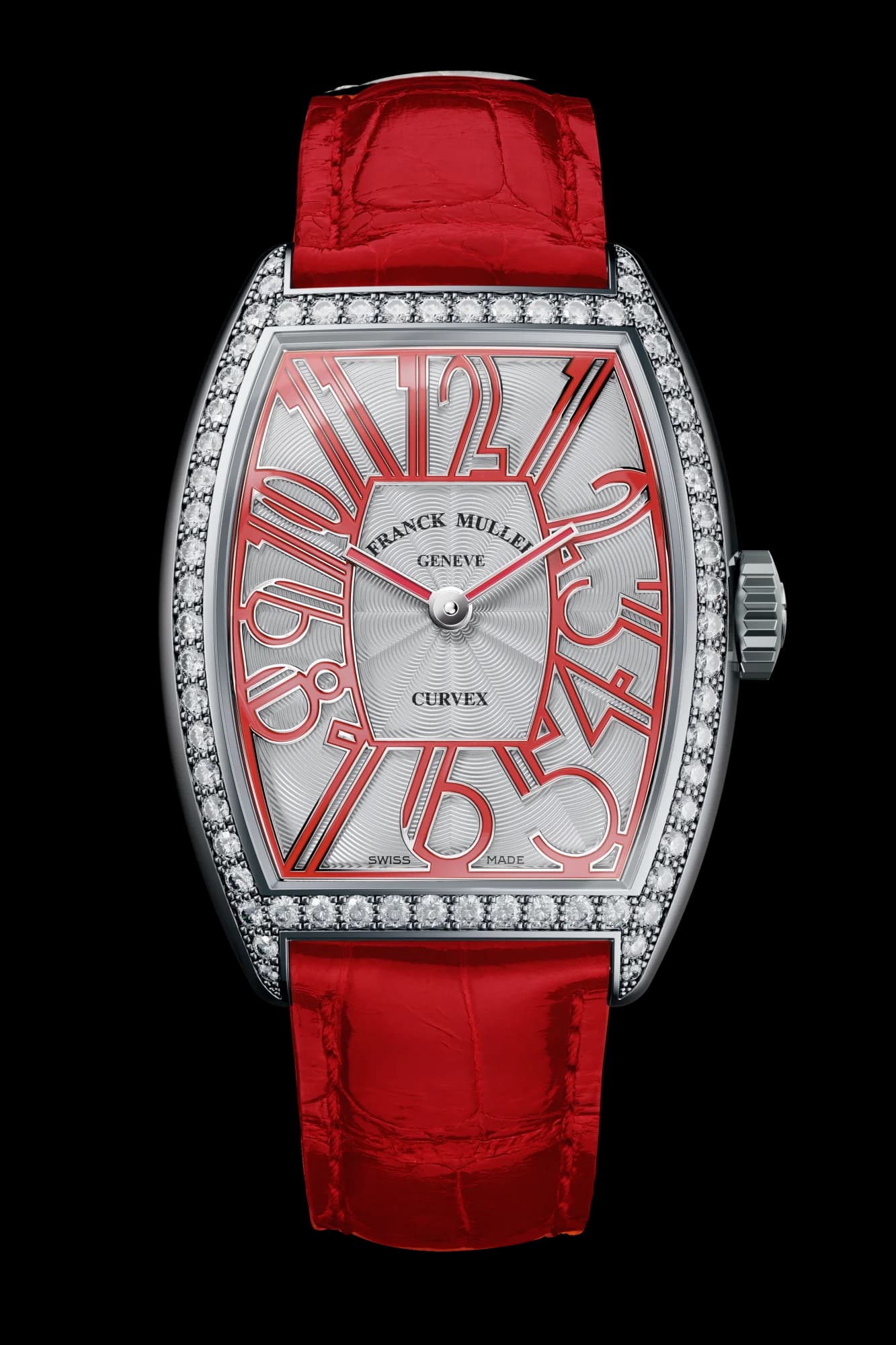 Franck Muller Cintrée Curvex Gatsby – Steel, Diamonds, White, Red