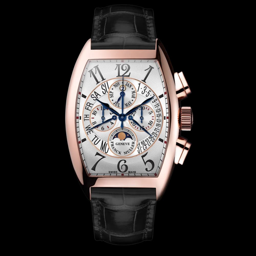 Franck Muller Cintrée Curvex Perpetual Calendar Chronograph – Rose Gold, White, Black Strap 1