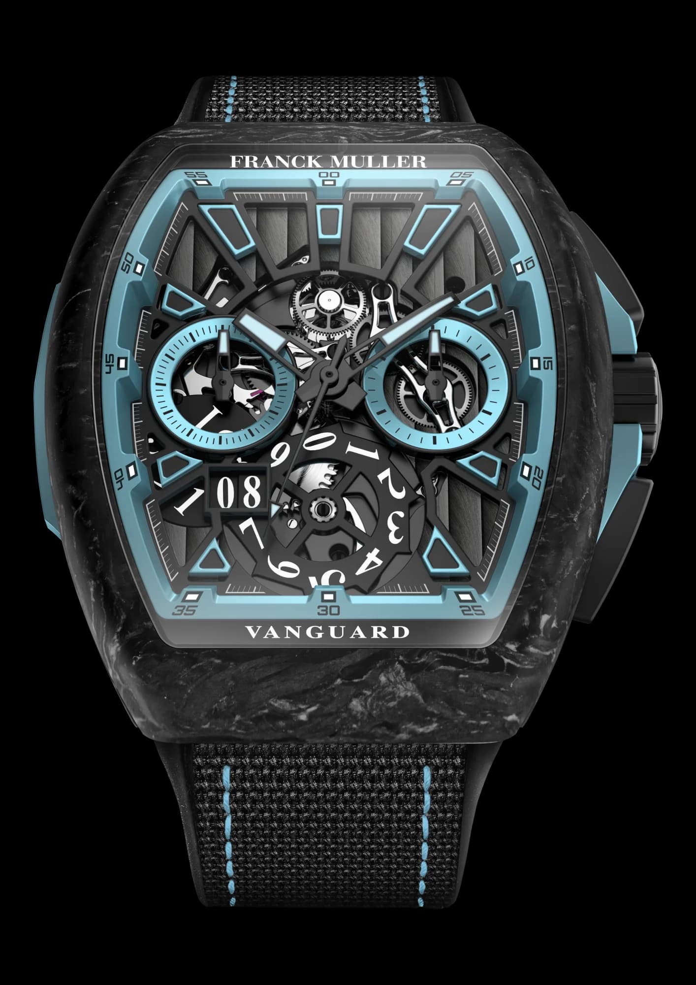 Franck Muller Vanguard Krypton Racing Skeleton Grande Date Chronograph – Carbon, Blue, Blue Flange 1