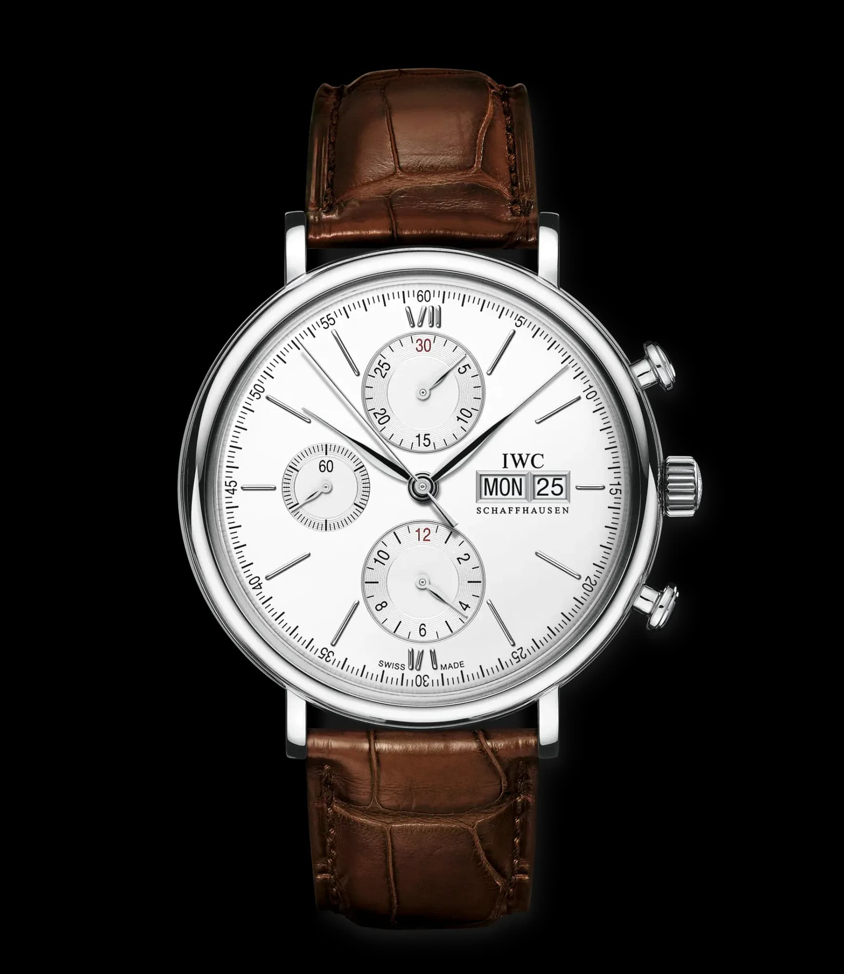 IWC Schaffhausen Portofino Chronograph – Çelik, Gümüş Kadran, Koyu Kahverengi Deri Kayış 1