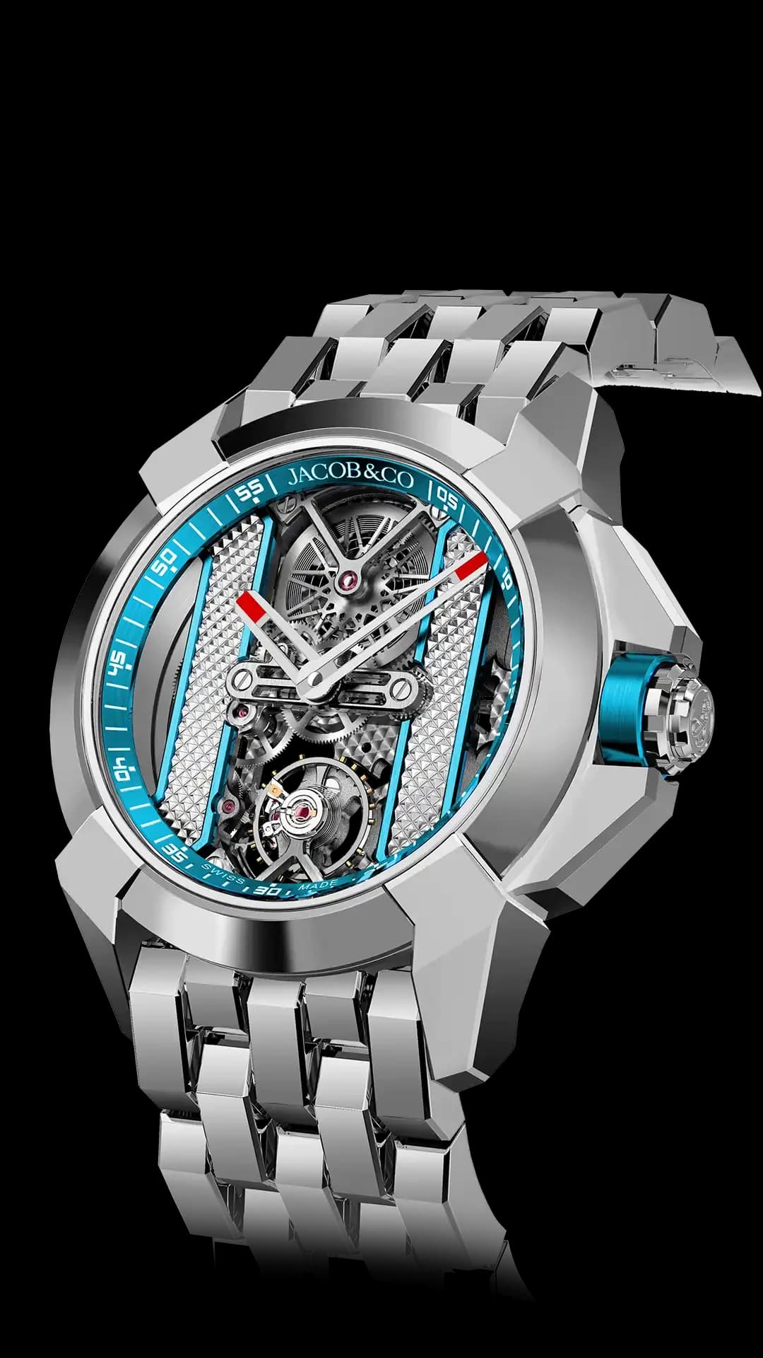 Jacob & Co. Epic X Bridges – Stainless Steel (Light Blue, Gray Movement) Bracelet 1