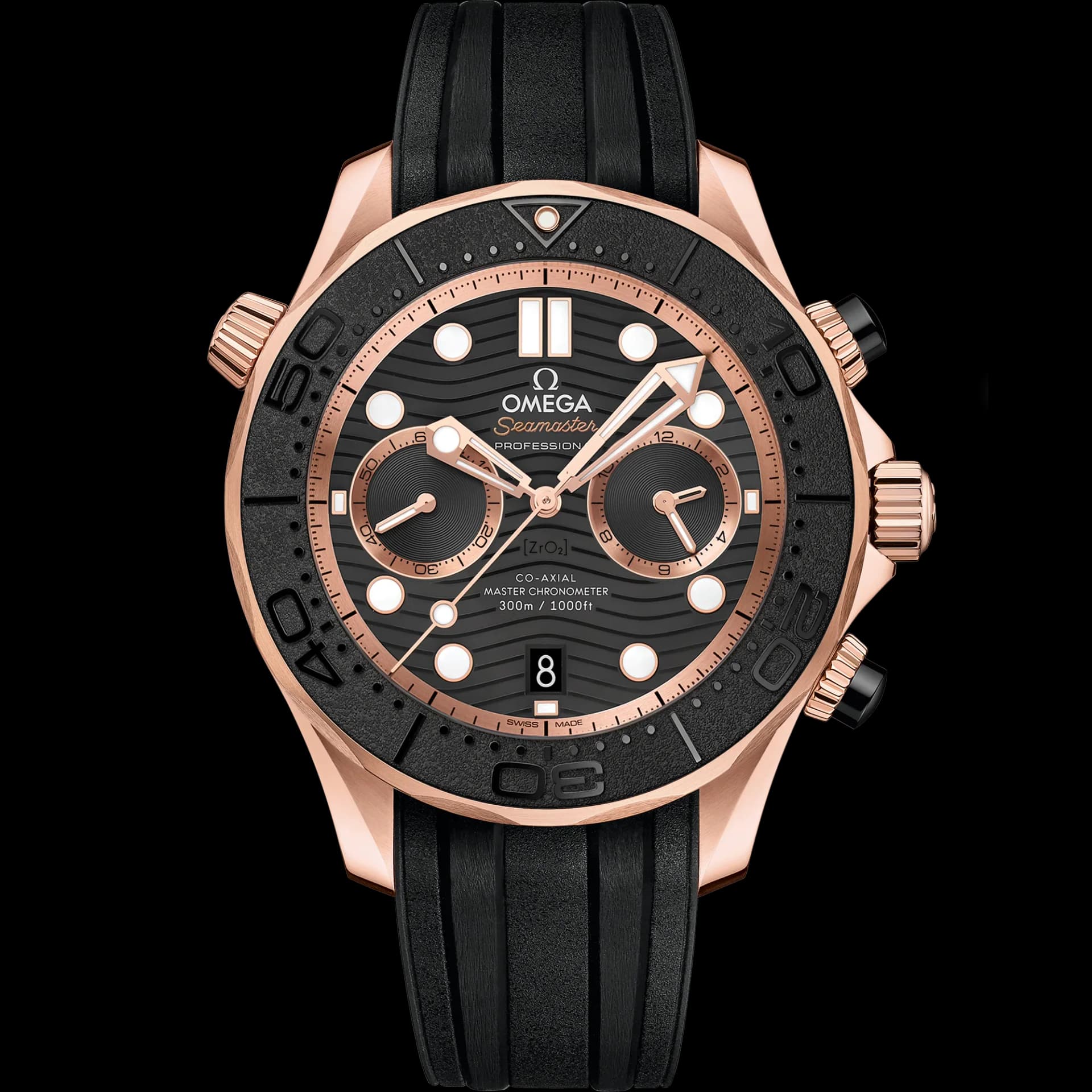 Omega Seamaster Diver 300M Co-Axial Master Chronometer Chronograph 44 mm – Sedna Gold on Rubber Strap, Black Dial 1