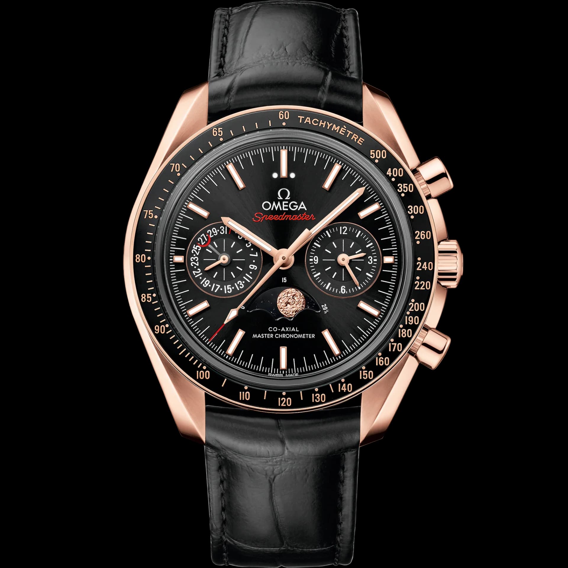 Omega Speedmaster Moonphase Co-Axial Master Chronometer Moonphase Chronograph 44.25 mm – Sedna Gold on Leather Strap, Black Dial 1