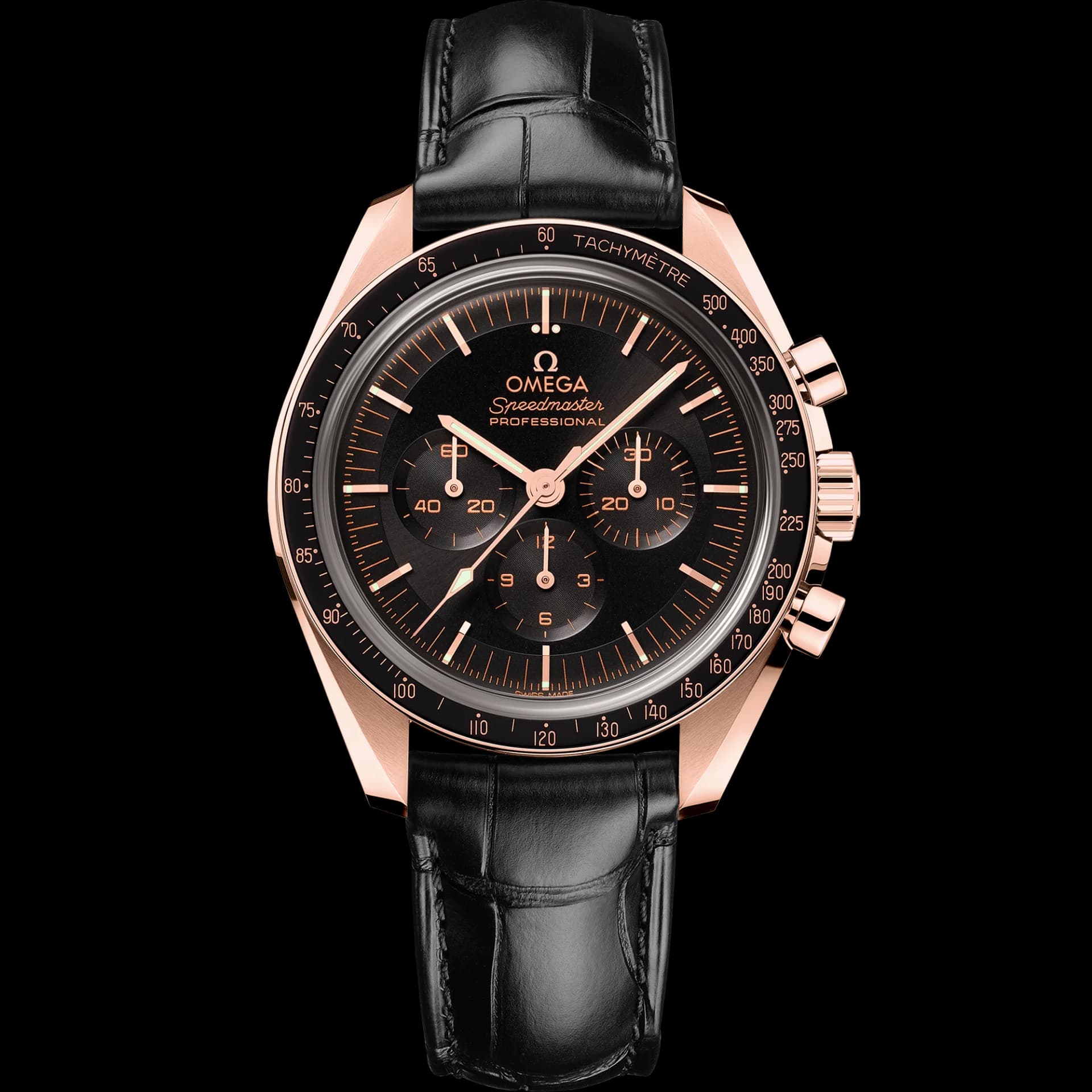 Omega Speedmaster Moonwatch Professional Co-Axial Master Chronometer Chronograph 42 mm – Sedna Gold on Leather Strap, Black Dial 1