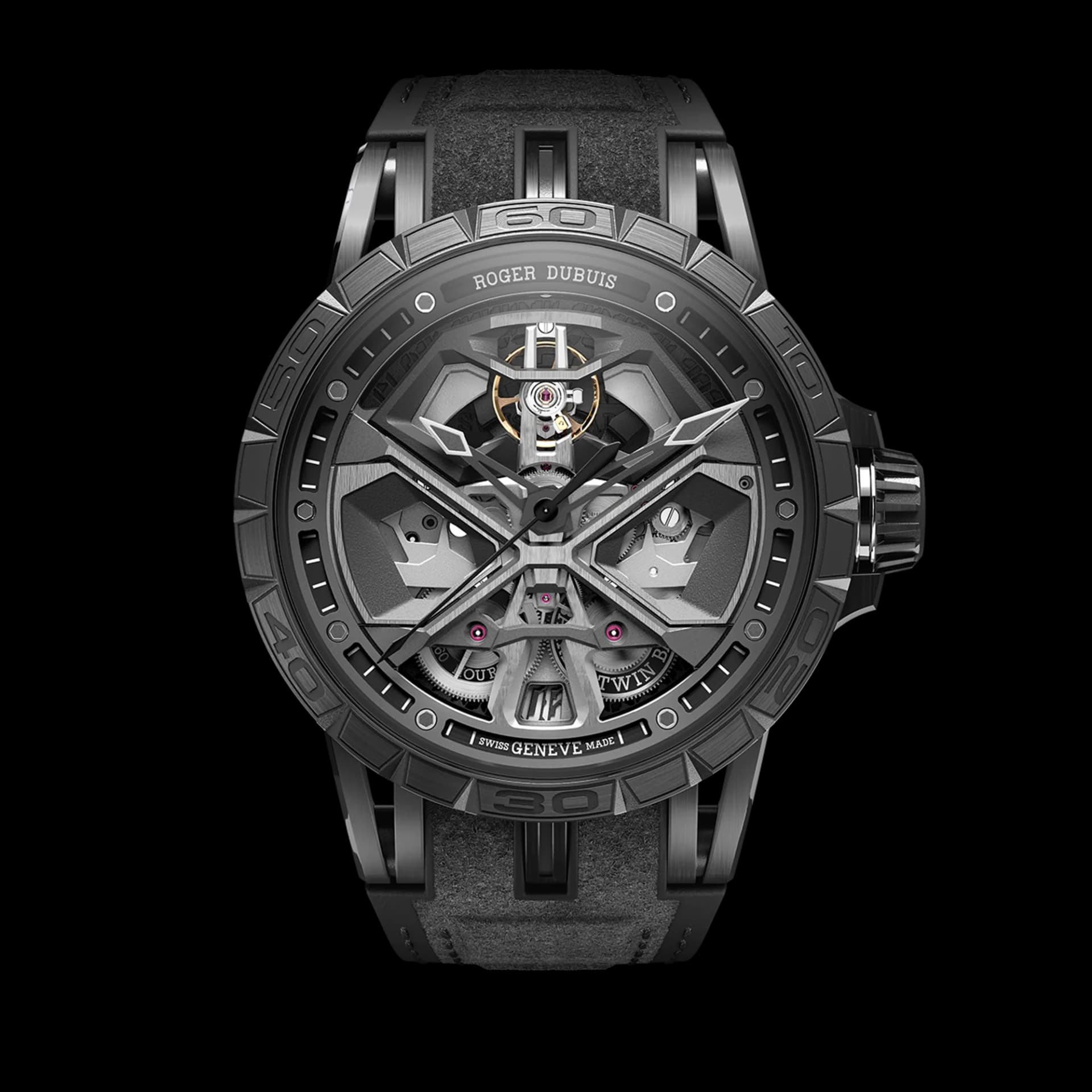 Roger Dubuis Excalibur Spider Monobalancier Huracán Black DLC Titanium 45mm – Siyah Alcantara Kayış 1