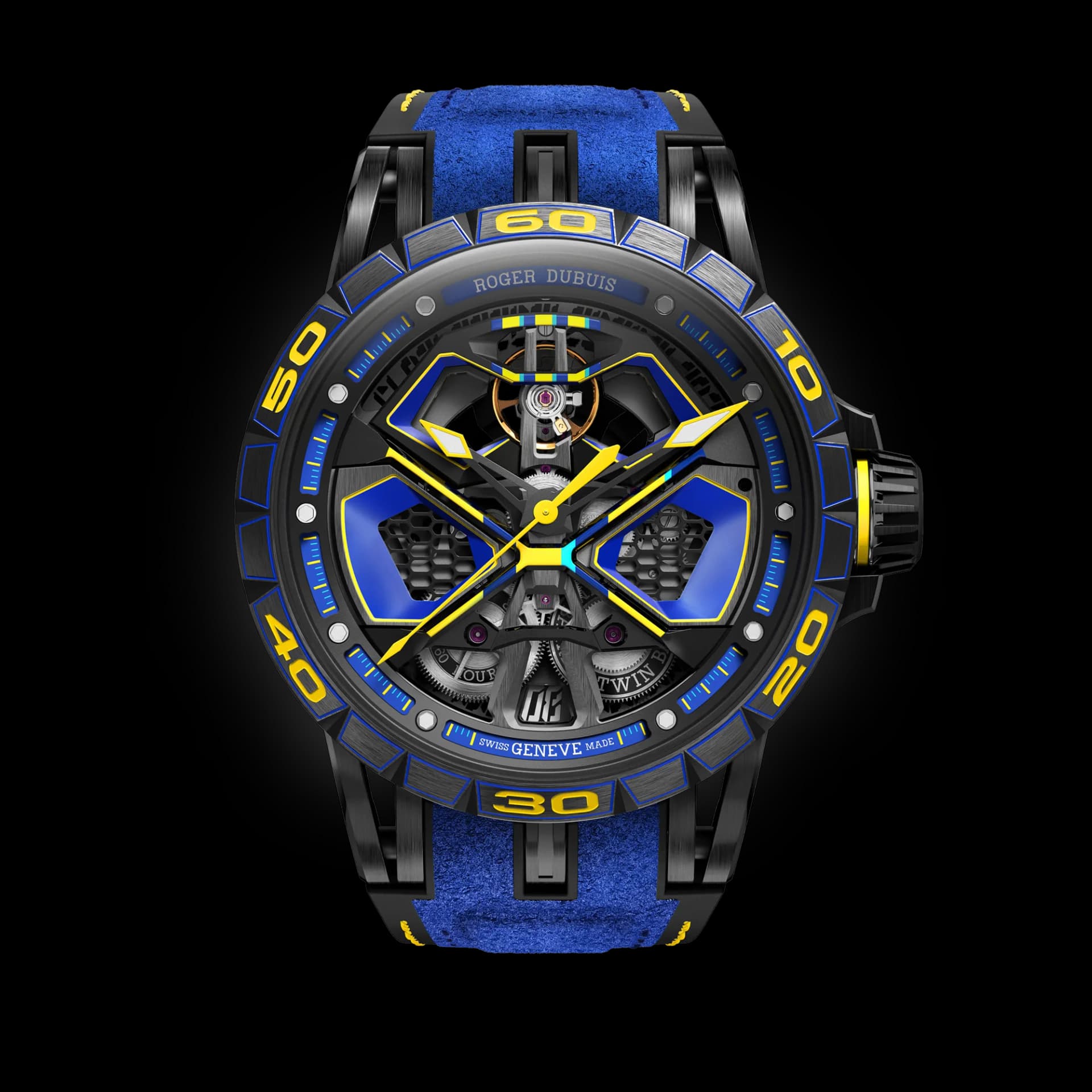 Roger Dubuis Excalibur Spider Monobalancier Huracán Black DLC Titanium 45mm – Mavi Alcantara Kayış, Mavi Kadran 1