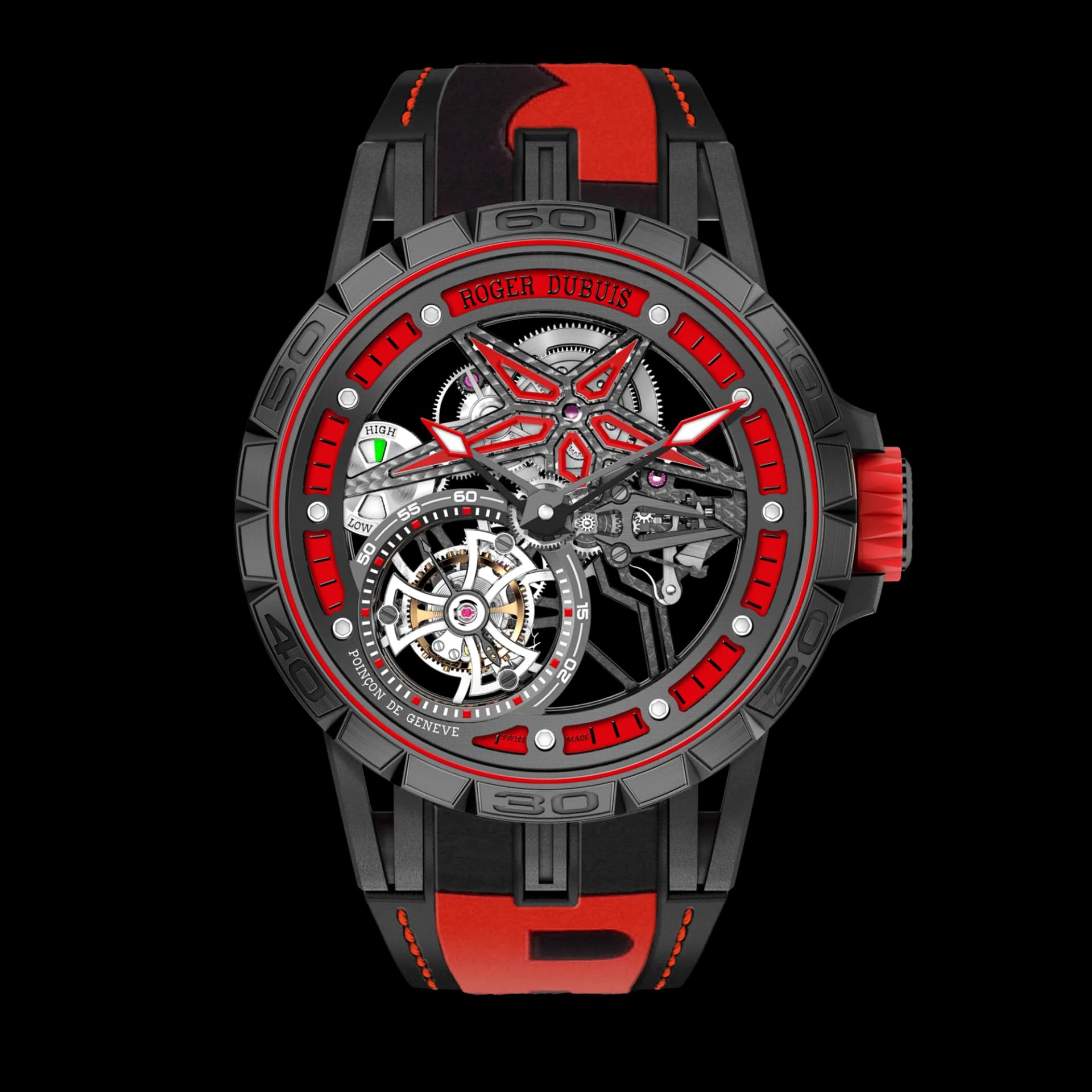 Roger Dubuis Excalibur Spider Monotourbillon Pirelli Black DLC Titanium 45mm – Siyah Kauçuk Kayış, Kırmızı Kadran 1