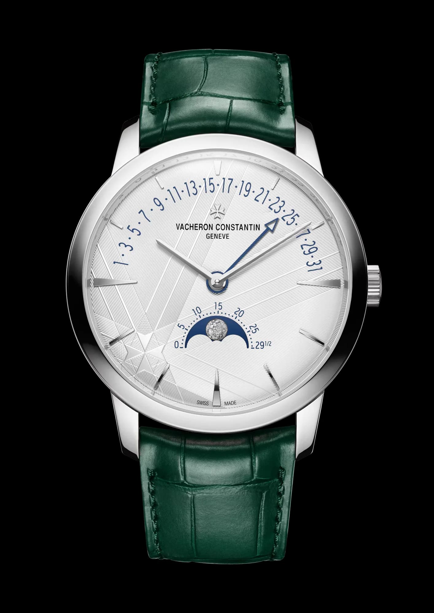 Vacheron Constantin Patrimony Moon Phase Retrograde Date 42.5 mm White Gold – Gümüş Kadran, Yeşil Kayış 1