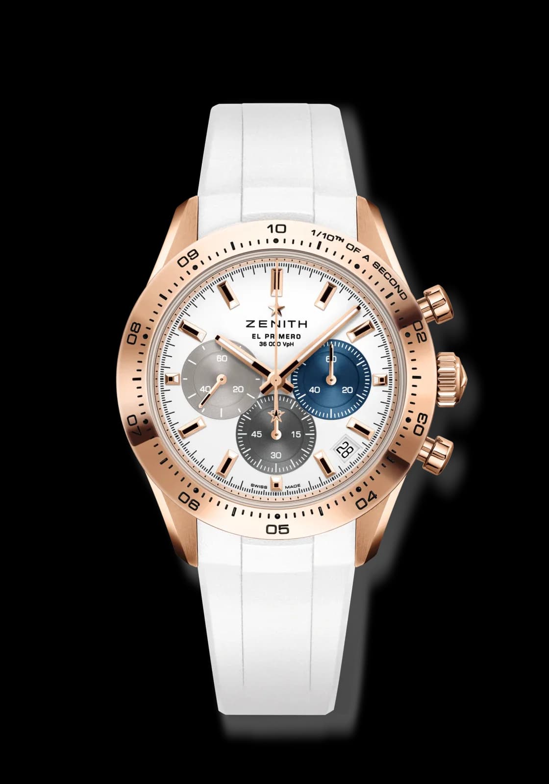 Zenith Chronomaster Sport – Pembe Altın, Beyaz Kadran, Altın Çerçeve, Kauçuk Kayış 1
